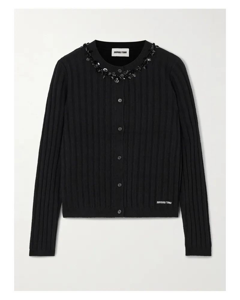 SHUSHU/TONG Embellished Embroidered Ribbed Wool-blend Cardigan - Black Black