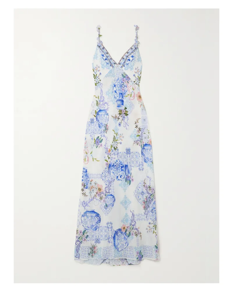 Camilla Maxikleid Aus Seiden-georgette Mit Blumenprint Und Zierperlen - Blau Blau