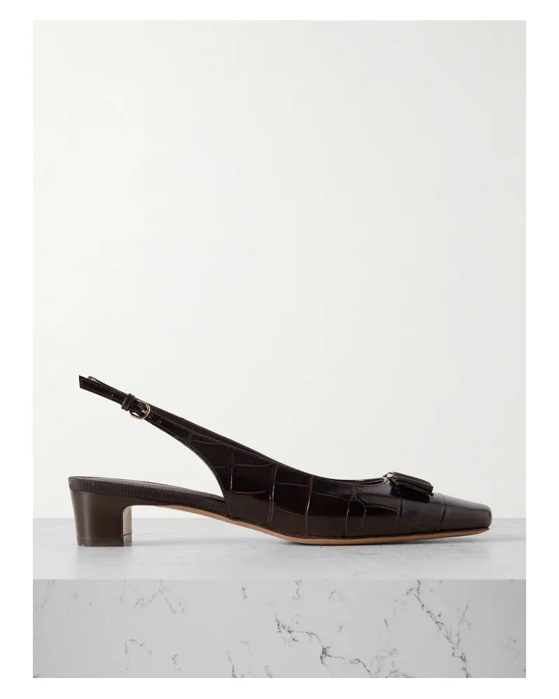 Ferragamo Rivada Slingback-pumps Aus Leder Mit Krokodileffekt Und Schleife - Braun Braun
