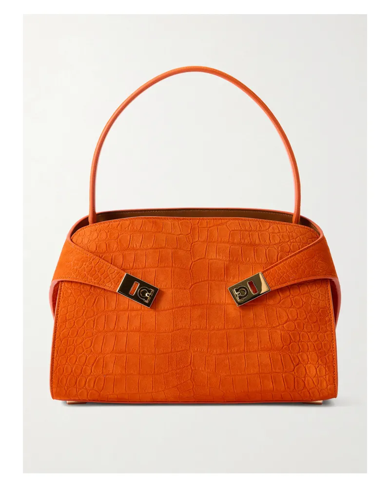 Ferragamo Hug Small Embellished Croc-effect Suede Tote - Orange Orange