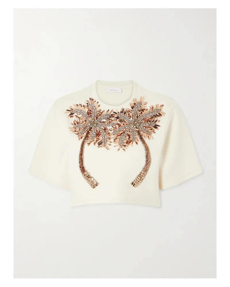 Paco Rabanne Cropped Crystal-embellished Embroidered Jersey T-shirt - Neutrals Neutrals