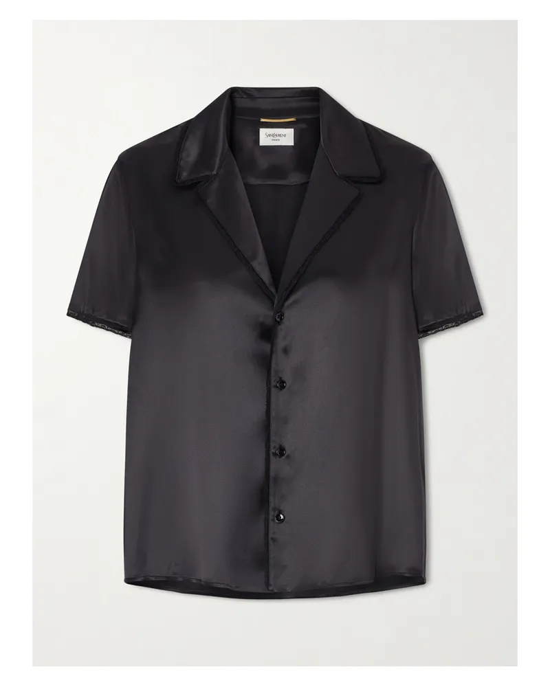 Saint Laurent Hemd Aus Seidensatin Mit Spitzenbesätzen - Schwarz Schwarz