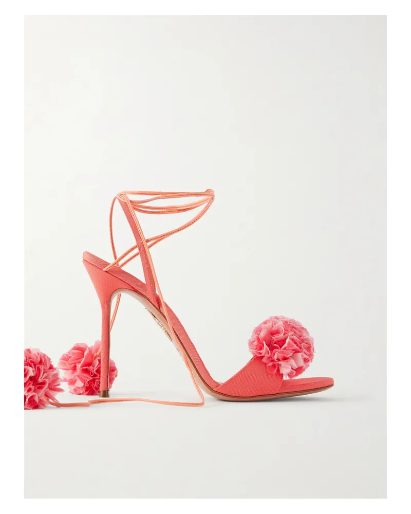 Aquazzura Cherry Kiss Ruffled Chiffon And Leather-trimmed Grosgrain Sandals - Pink Pink