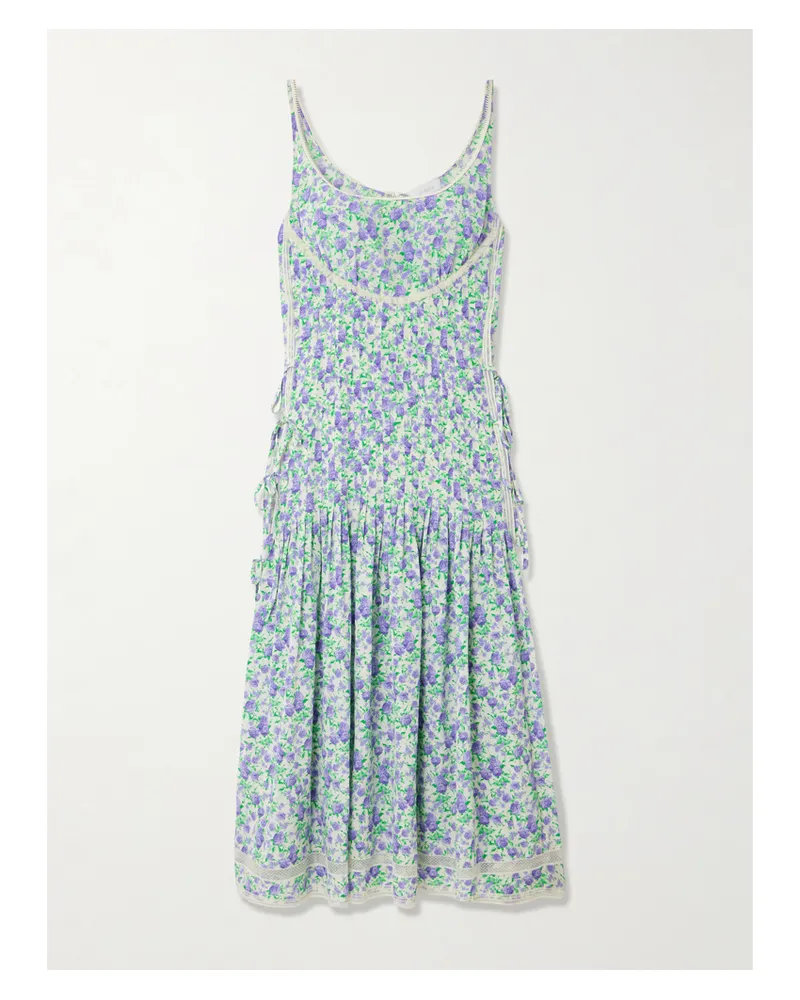 Paco Rabanne Tie-detailed Lace-trimmed Pleated Floral-print Silk Midi Dress - Blue Blue