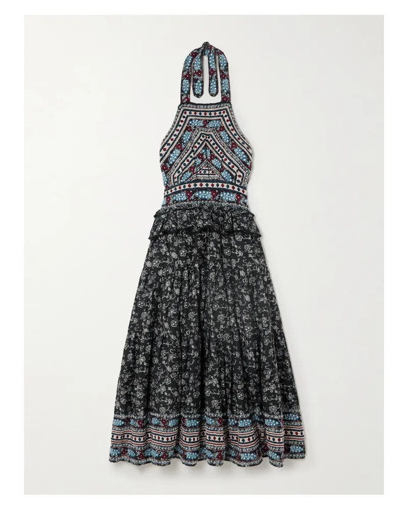 Sea Everly Neckholder-midikleid Aus Baumwolle Mit Blumenprint, Stickereien Und Rüschen - Schwarz Schwarz