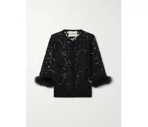 Feather-trimmed Cotton Corded Lace Cardigan - Black
