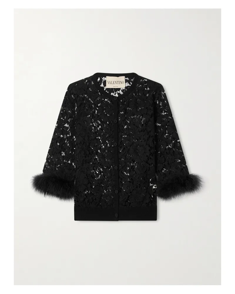 Valentino Garavani Feather-trimmed Cotton Corded Lace Cardigan - Black Black