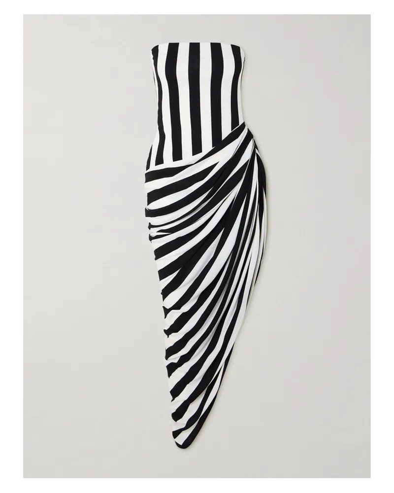 Balmain Trägerlose, Asymmetrische Robe Aus Gestreiftem Jersey Mit Falten - Weiß Weiß