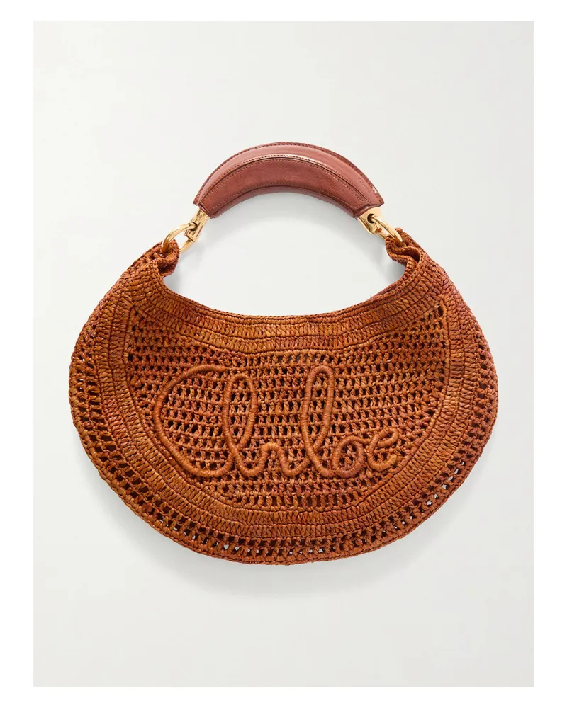 Chloé Summer Banana Leather-trimmed Embroidered Raffia Tote - Brown Brown