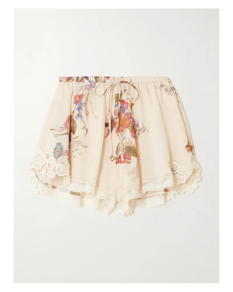 Zimmermann Patience Lace-trimmed Floral-print Cotton And Silk-blend Shorts - Ivory Ivory