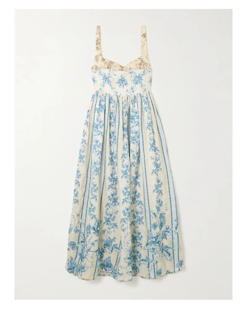 AGUA BENDITA Barbara Bougainvillea Midikleid Aus Leinen Mit Blumenprint Und Verzierungen - Blau Blau