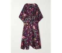 Belted Floral-print Silk-twill Kaftan - Burgundy