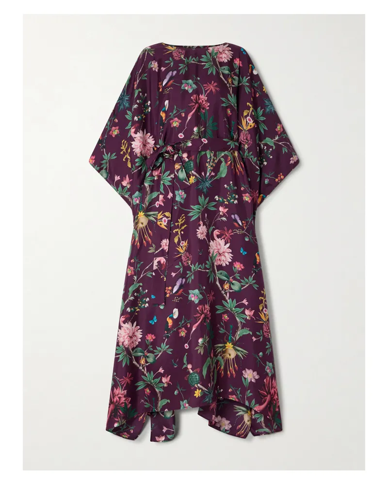 La DoubleJ Belted Floral-print Silk-twill Kaftan - Burgundy Burgundy