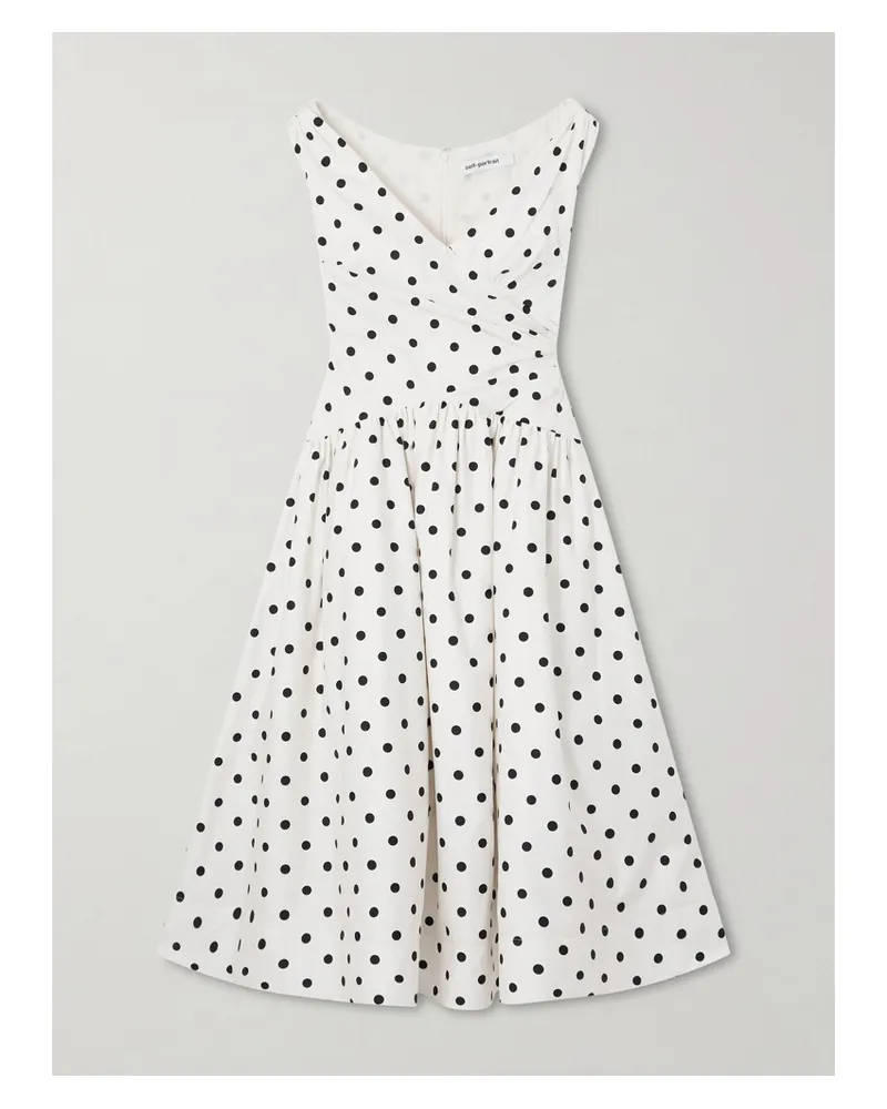 Self-Portrait Midikleid Aus Baumwollpopeline Mit Raffungen, Wickeleffekt Und Polka-dots - Creme Creme