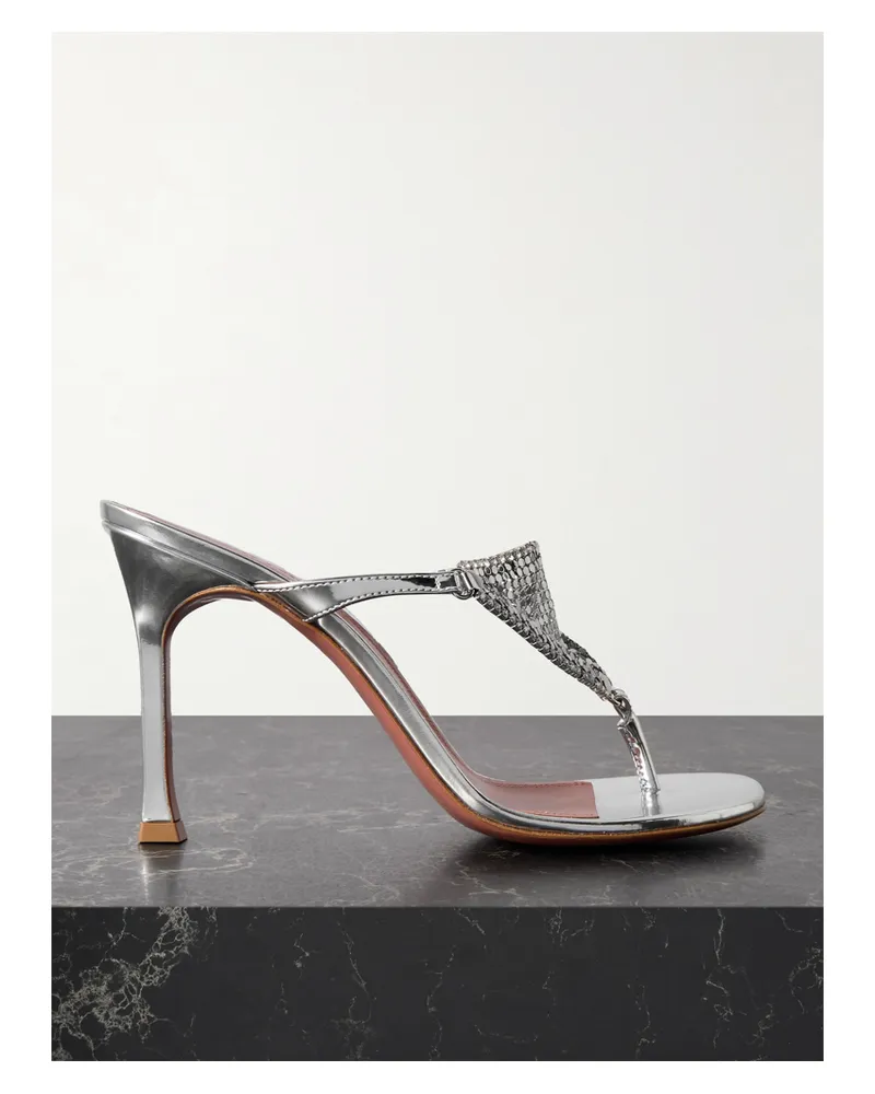 Amina Muaddi Cameron Mules Aus Metallic-mesh Und Metallic-leder Mit Kristallen - Silber Silber