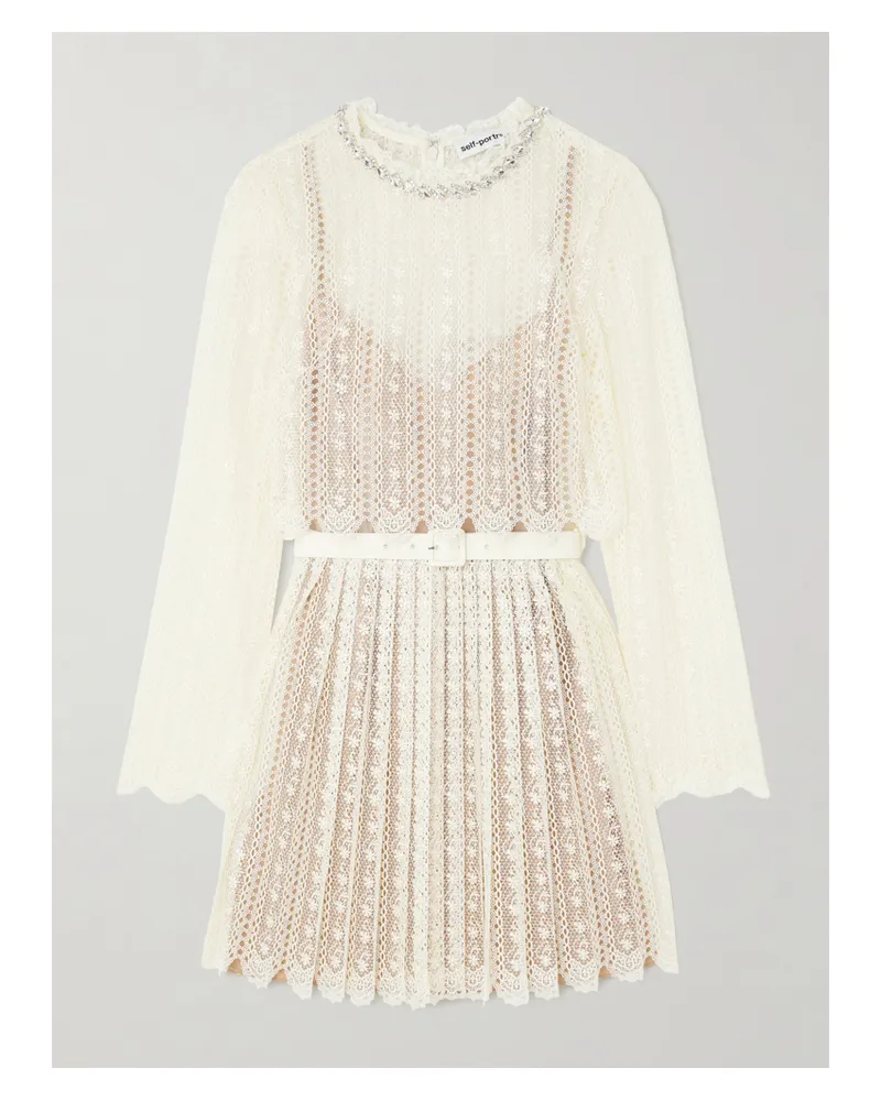 Self-Portrait Belted Crystal-embellished Pleated Lace Mini Dress - Neutrals Neutrals