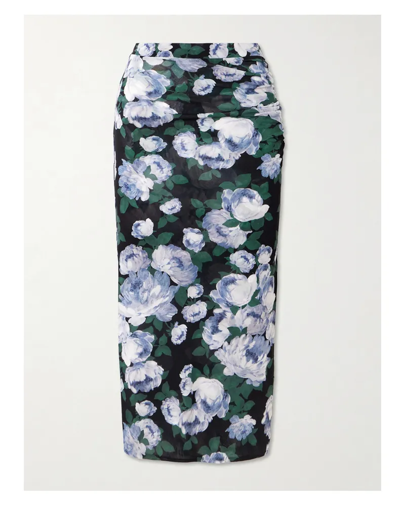 Stella McCartney Midirock Aus Stretch-mesh Mit Blumenprint Und Raffung - Blau Blau