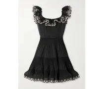 Belted Embroidered Ruffled Pleated Organza Mini Dress - Black