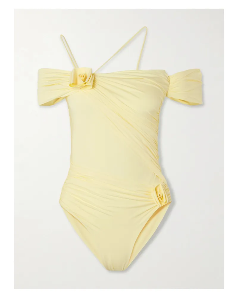 Maygel Coronel Fiorella Off-the-shoulder Appliquéd Ruched Swimsuit - Yellow Yellow