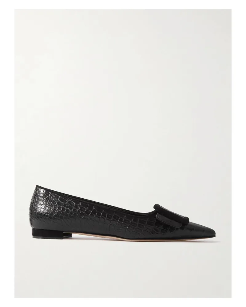 Manolo Blahnik Maysale 10 Ballerinas Mit Spitzer Kappe Aus Leder Mit Krokodileffekt, Velourslederbesätzen Und Schnalle - Schwarz Schwarz