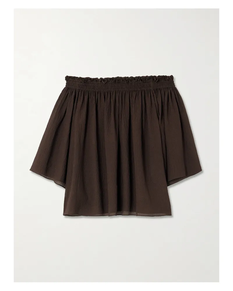 Joseph Emi Off-the-shoulder Shirred Seersucker Top - Brown Brown