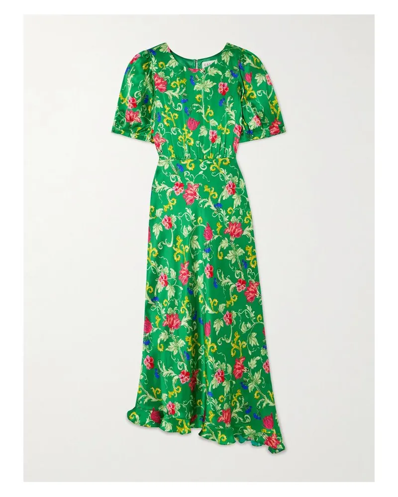 Saloni Vida D Kleid Aus Seidensatin Mit Blumenprint Und Volants - Grün Grün