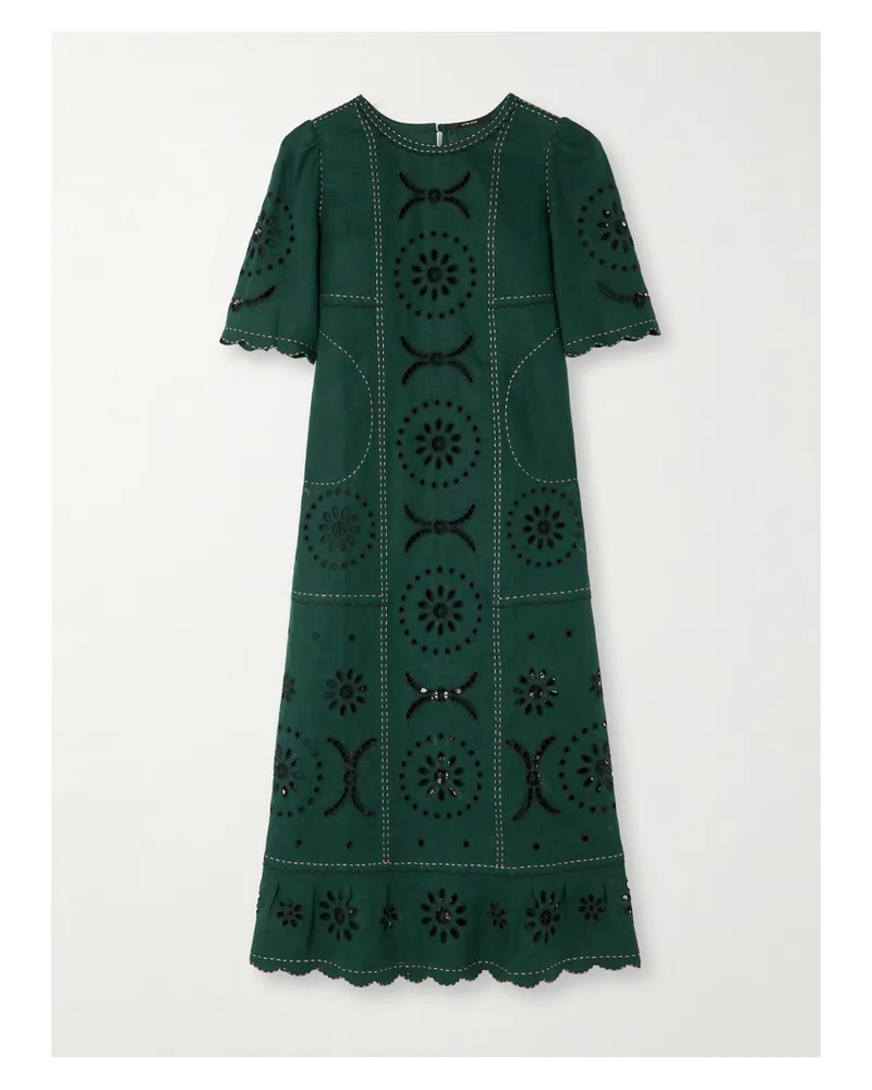VITA KIN Dalida Maxikleid Aus Leinen Mit Lochstickerei Und Wellenkanten - Grün Grün