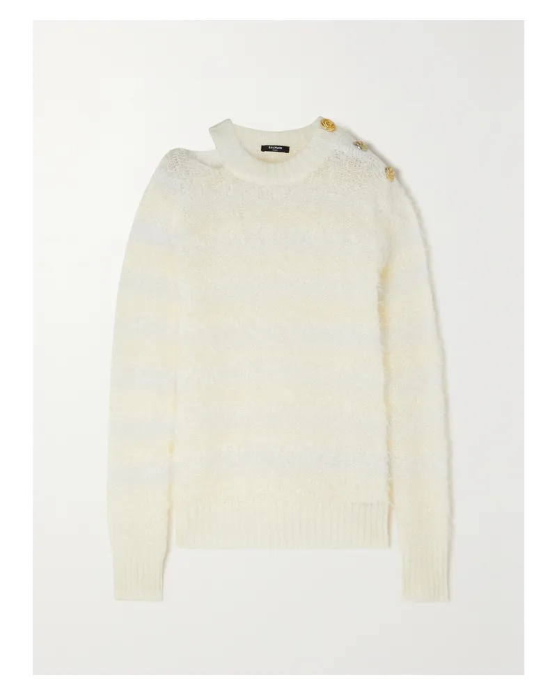 Balmain Metallic Pullover Aus Einer Metallic-mohairmischung Mit Zierknöpfen - Wollweiß Wollweiß