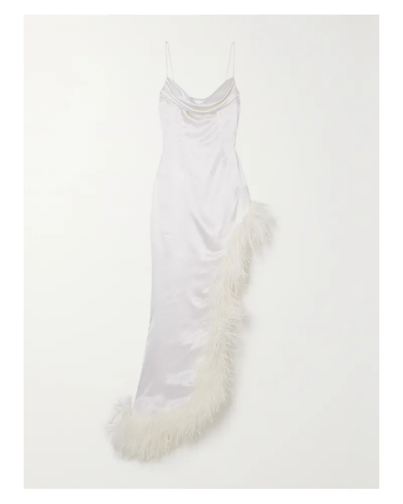 Alessandra Rich Asymmetrische Robe Aus Seidensatin Mit Federn - Weiß Weiß