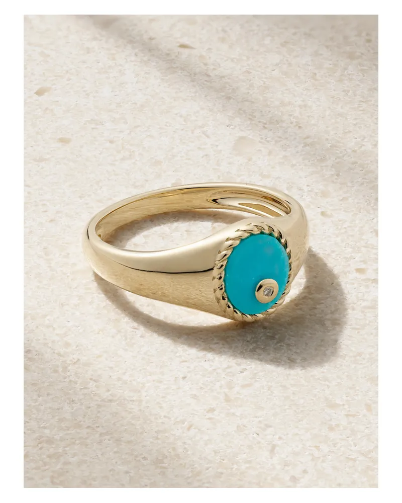 Yvonne Léon Baby Chevalière Ring Aus 9 Karat Gold Mit Türkis Und Diamant - Blau Blau