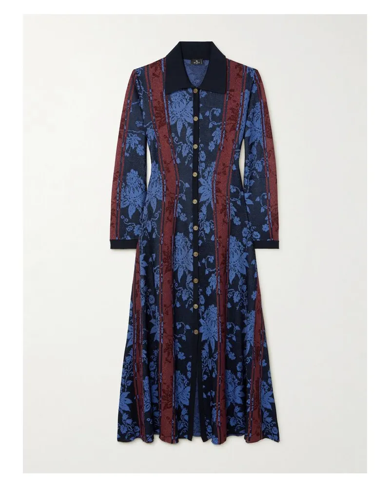 Etro Midi-hemdblusenkleid Aus Jacquard-strick Mit Blumenmuster - Blau Blau