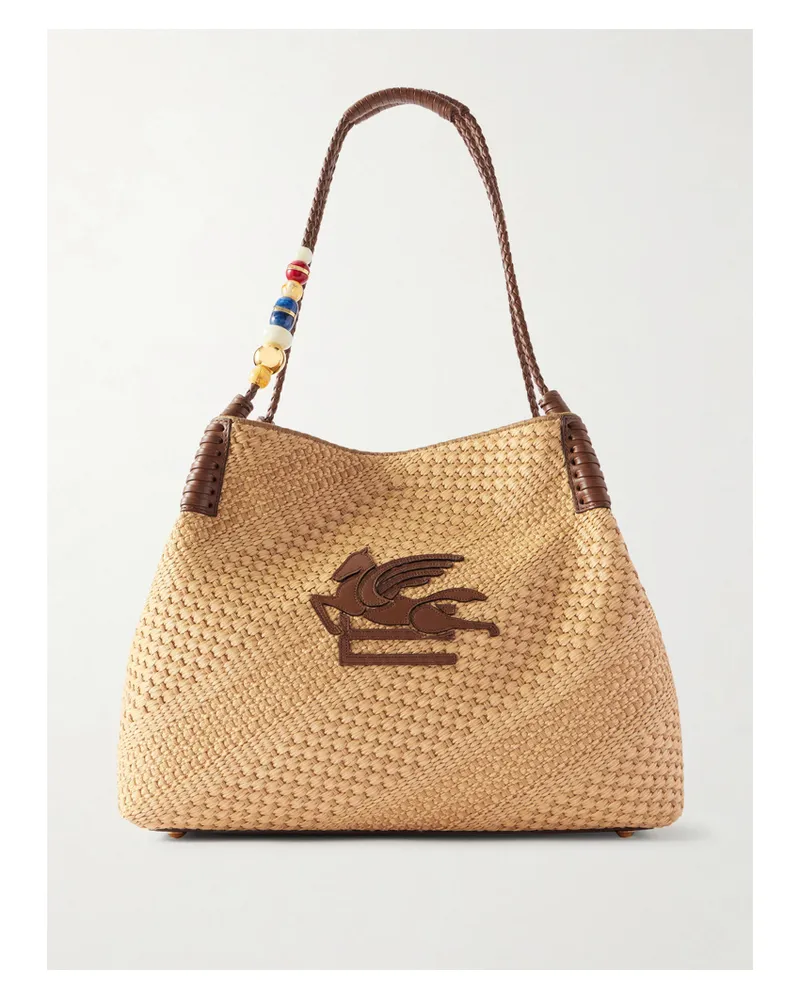 Etro Embellished Leather-trimmed Straw Tote - Brown Brown