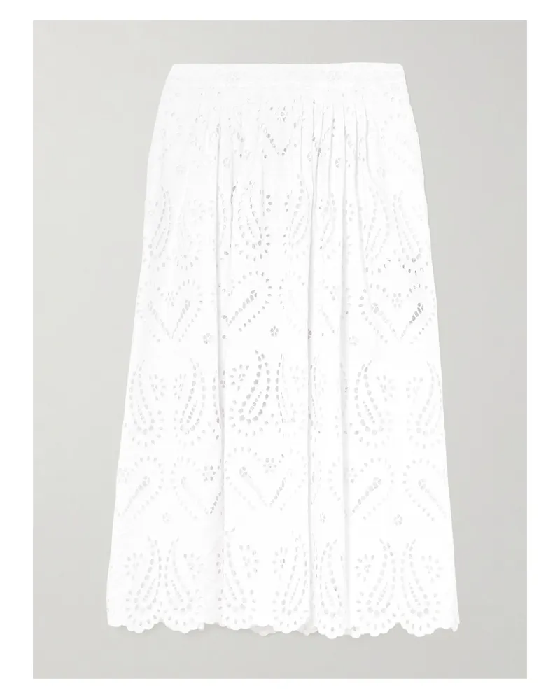 Etro Pleated Scalloped Broderie Anglaise Cotton-blend Poplin Midi Skirt - White White