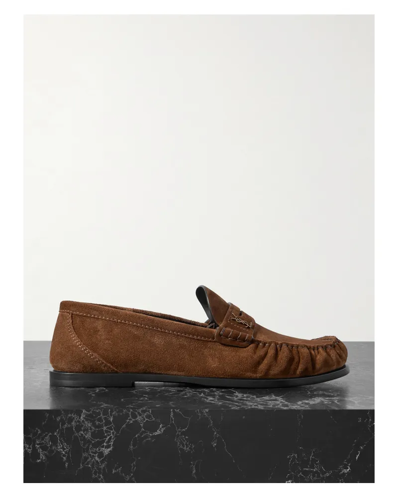 Saint Laurent Laurent Logo-embellished Suede Penny Loafers - Brown Brown
