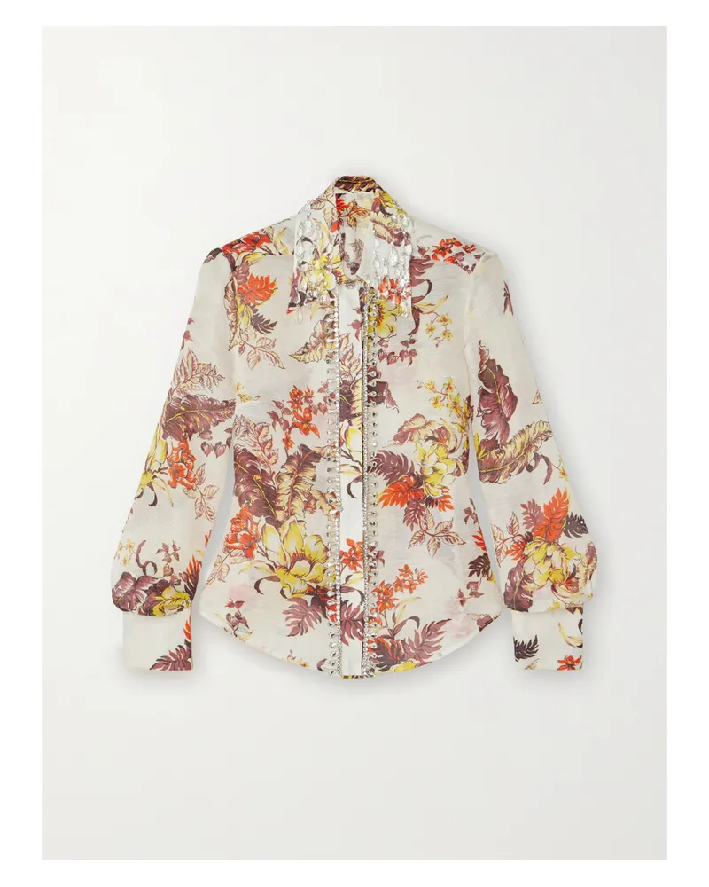 Zimmermann Matchmaker Hemd Aus Einer Leinen-seidenmischung Mit Blumenprint Und Kristallen - Elfenbein Elfenbein