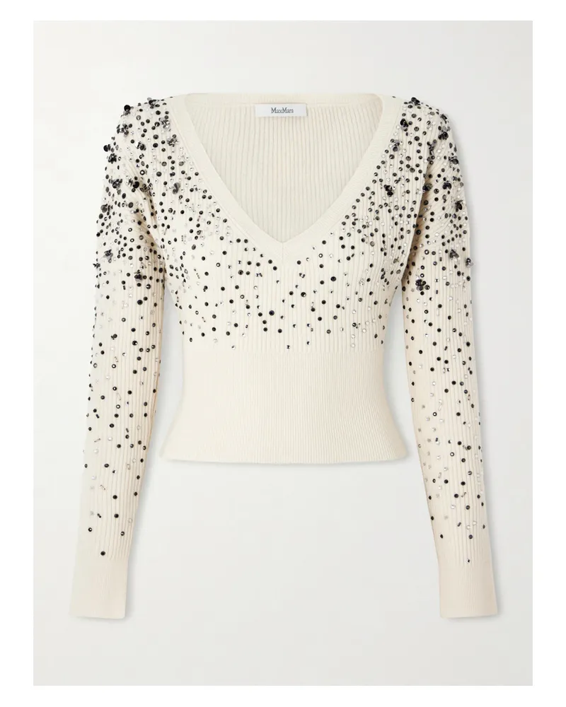 Max Mara Cropped Embellished Ribbed Wool-blend Sweater - Ivory Ivory