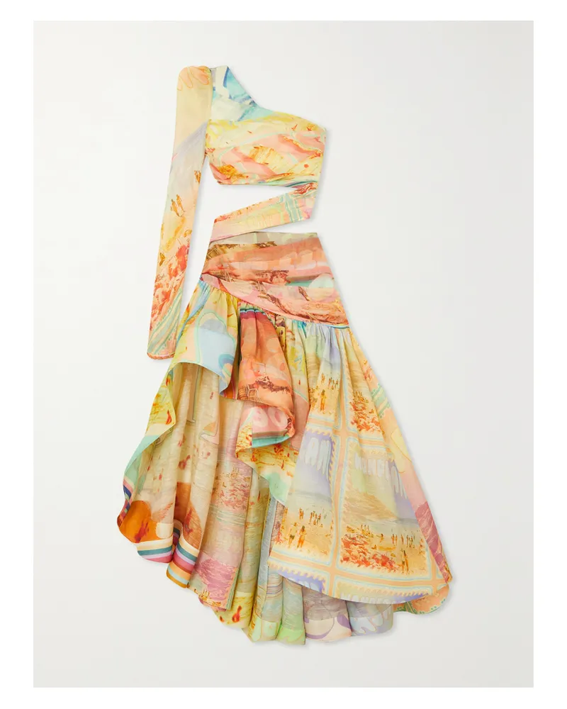Zimmermann Tama Asymmetrisches Maxikleid Aus Bedrucktem Organza Aus Einer Leinen-seidenmischung Mit Cut-outs - Gelb Gelb