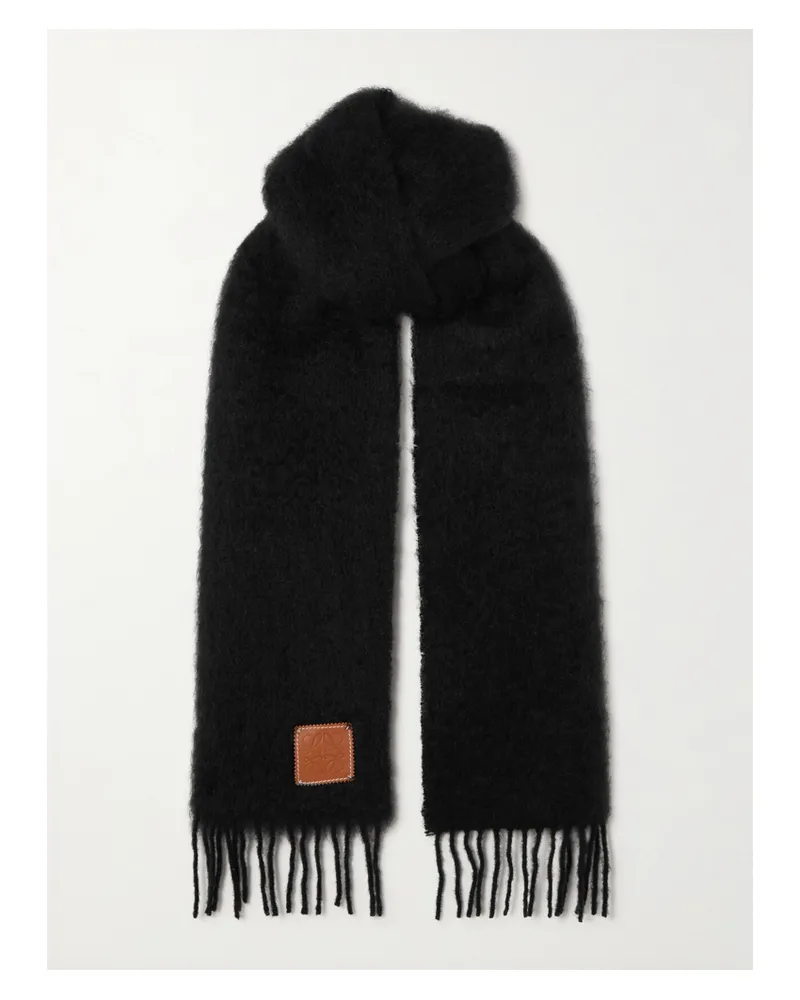 Loewe Fringed Leather-trimmed Mohair-blend Scarf - Black Black