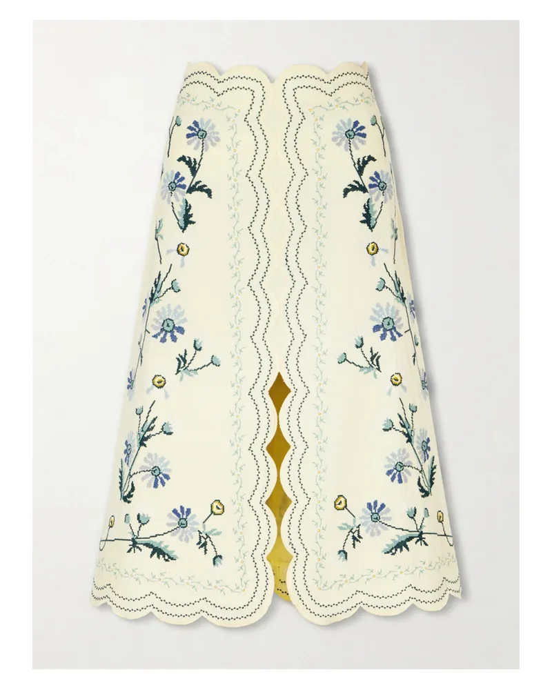 Sea Audra Embroidered Cotton And Linen-bend Midi Skirt - Yellow Yellow
