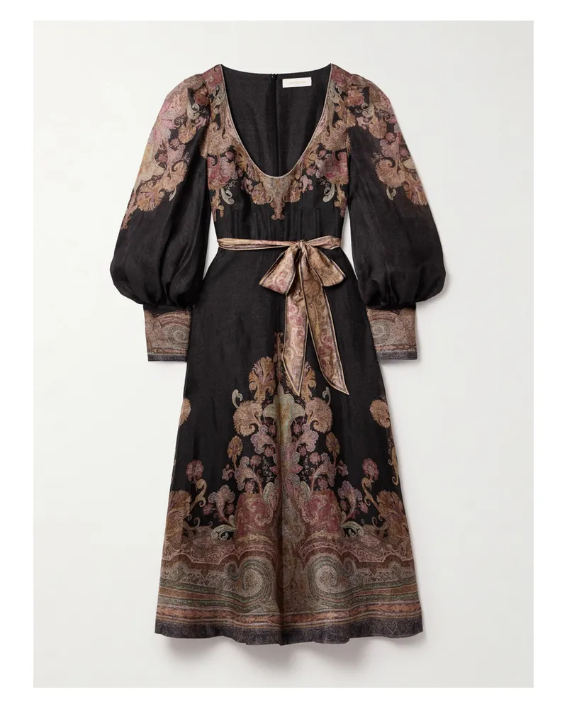 Zimmermann Illustration Midikleid Aus Organza Aus Einer Leinen-seidenmischung Mit Prints Und Bindegürtel - Schwarz Schwarz