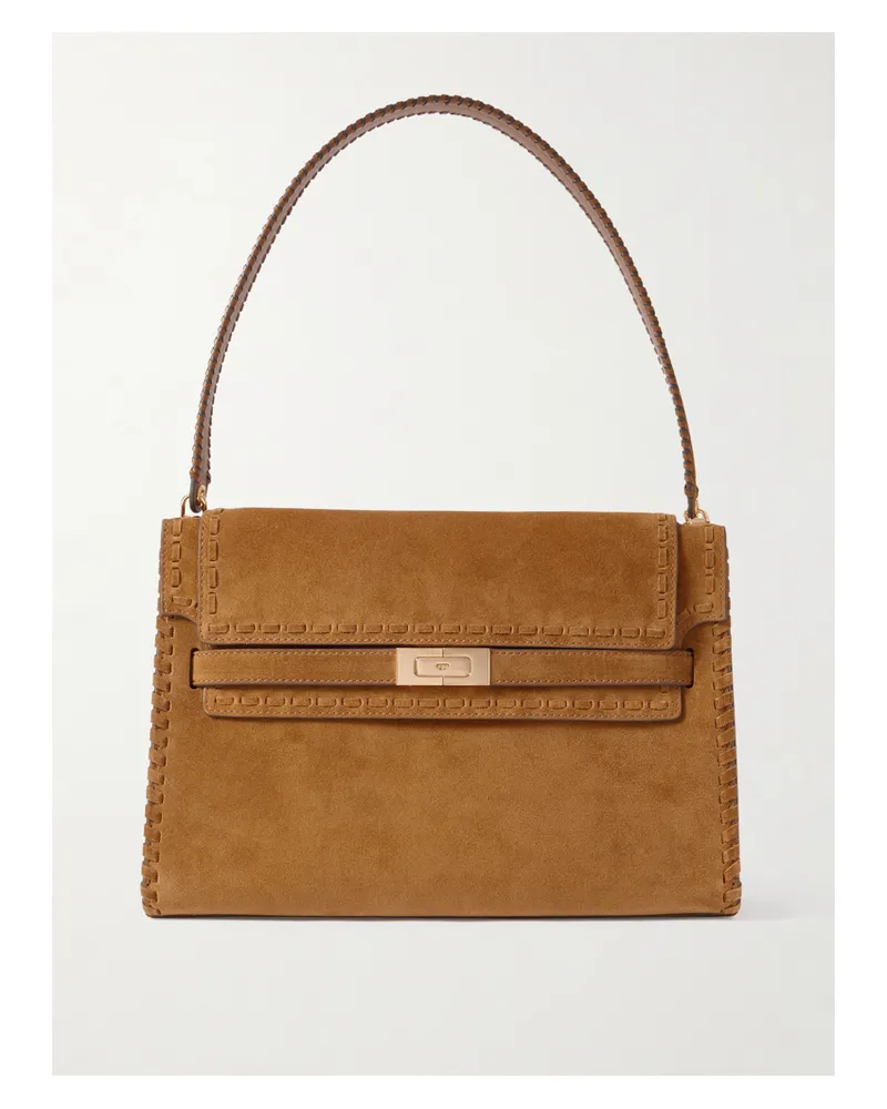 Tory Burch Lee Radziwill Large Leather-trimmed Whipstitched Suede Shoulder Bag - Brown Brown