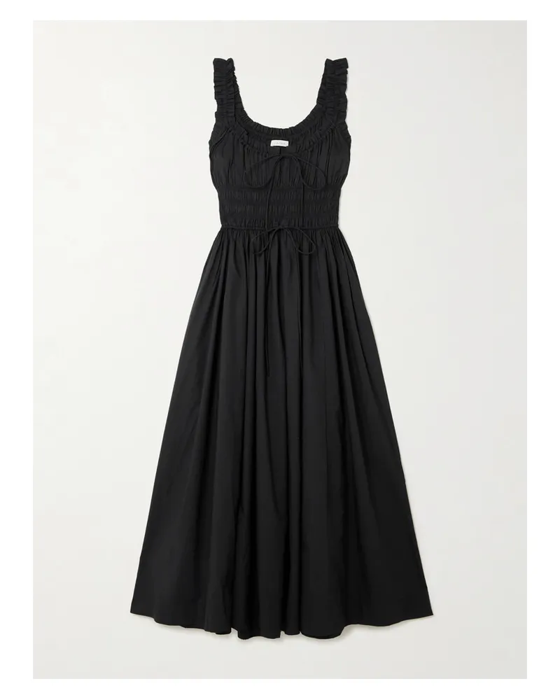 DÔEN Emmaretta Tie-detailed Shirred Organic Cotton-voile Midi Dress - Black Black