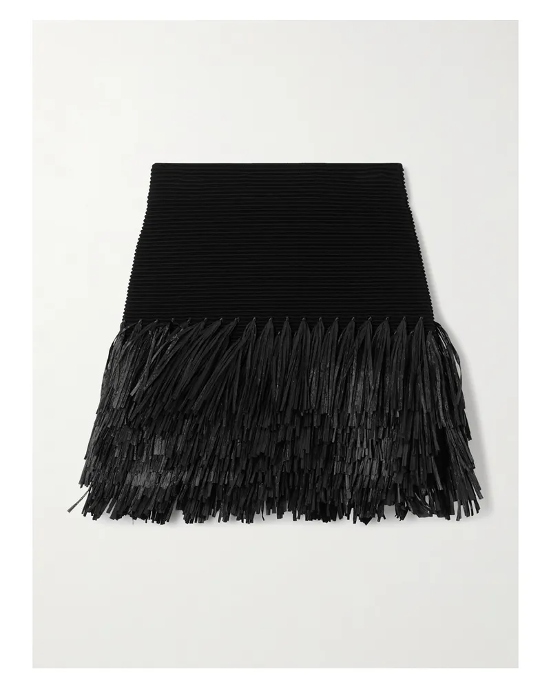 Aje. Agave Fringed Raffia-trimmed Ribbed-knit Mini Skirt - Black Black