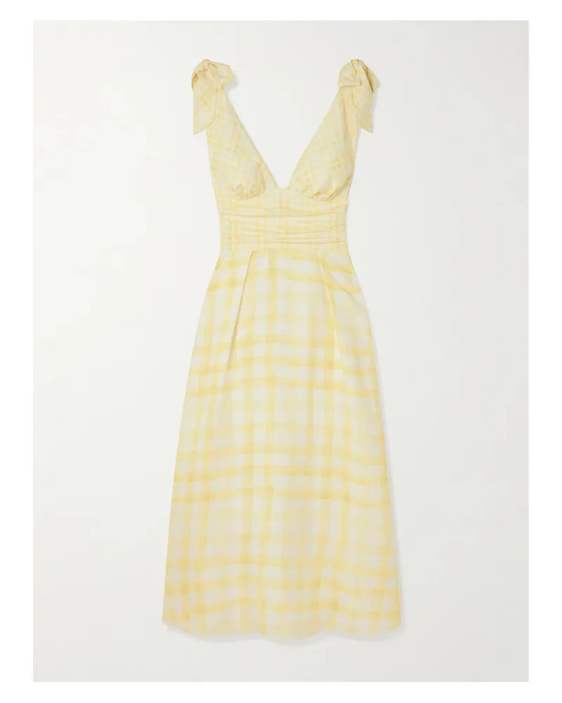 Rosie Assoulin Bow-detailed Checked Lyocell And Linen-blend Midi Dress - Yellow Yellow