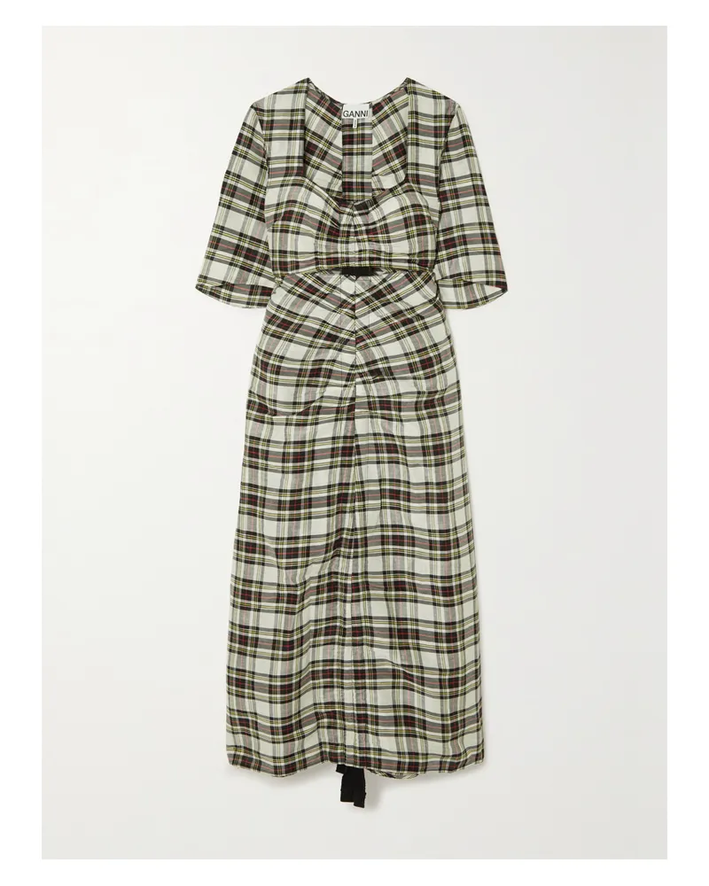 Ganni Midikleid Aus Einer Karierten Leinen-seidenmischung Mit Cut-outs Und Raffungen - Creme Creme