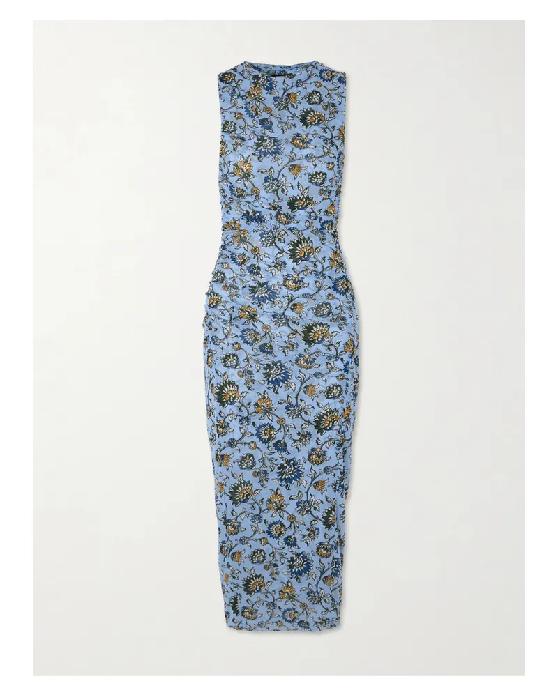 Veronica Beard Sylviani Ruched Floral-print Stretch-tulle Midi Dress - Blue Blue