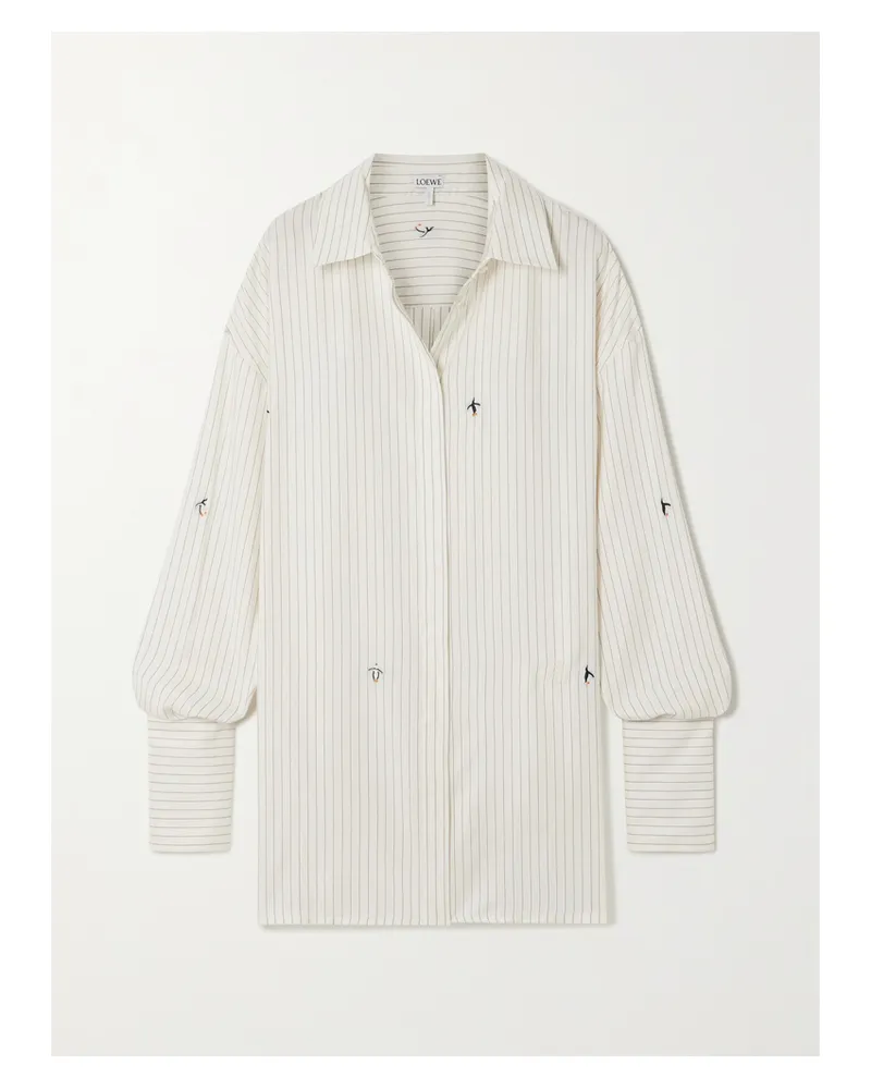 Loewe Suna Fujita Oversized-hemd Aus Twill Aus Einer Seiden-baumwollmischung Mit Nadelstreifen Und Stickereien - Weiß Weiß