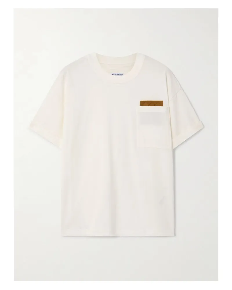 Bottega Veneta T-shirt Aus Baumwoll-jersey Mit Besatz Aus Intrecciato-veloursleder - Wollweiß Wollweiß