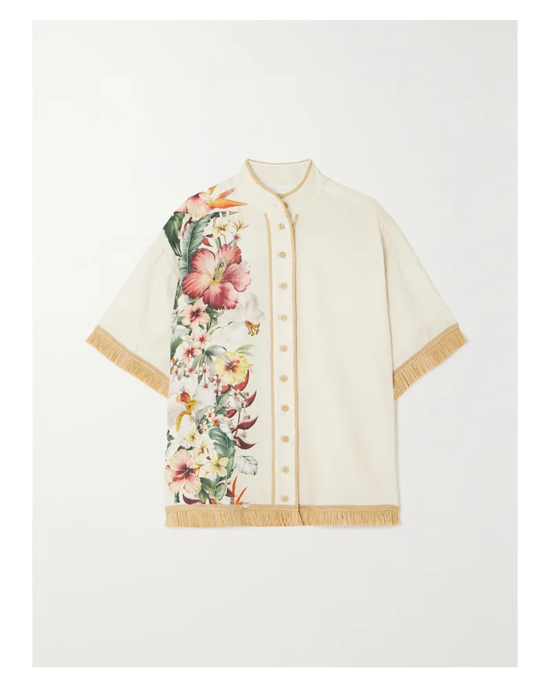 Zimmermann Net Sustain Lexi Hemd Aus Leinen Mit Blumenprint Und Besätzen Aus Raffiabast - Elfenbein Elfenbein
