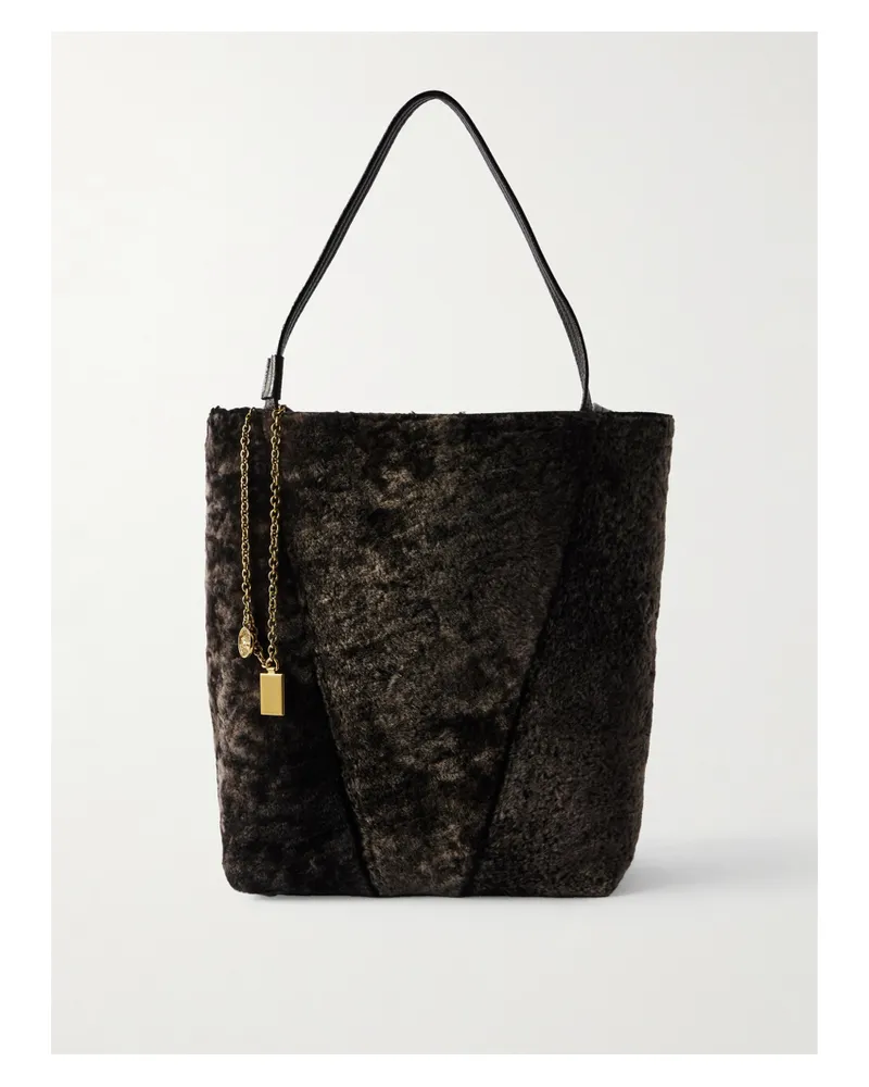 Chloé Spin Leather-trimmed Embellished Shearling Tote - Brown Brown